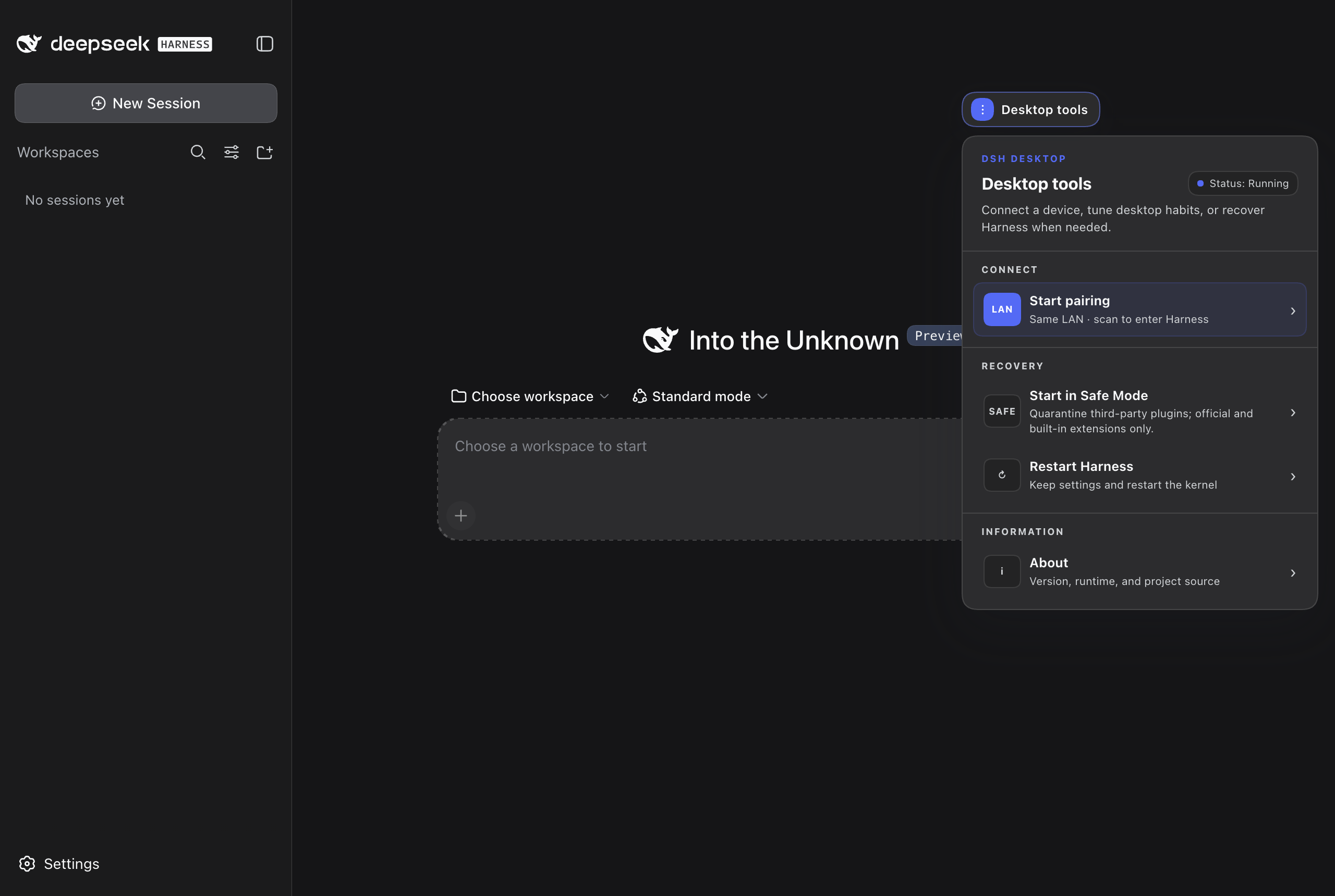 DSH Desktop tools panel in dark mode